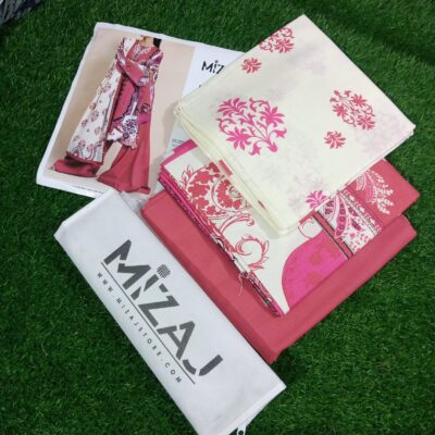 Pink and White Mizaj 3 Piece Khaddar Suit with Wool Shawl