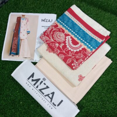 Red and Skin Mizaj 3 Piece Khaddar Suit with Wool Shawl