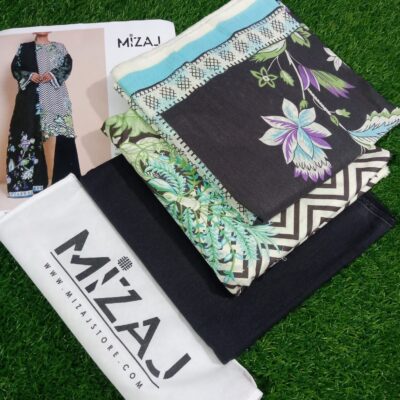 Black, White and Green Mizaj 3 Piece Khaddar Suit with Wool Shawl