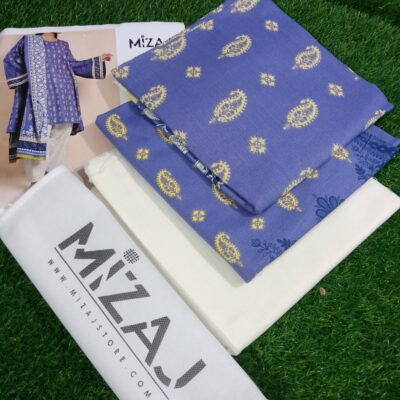 Blue and White Mizaj 3 Piece Khaddar Suit with Wool Shawl