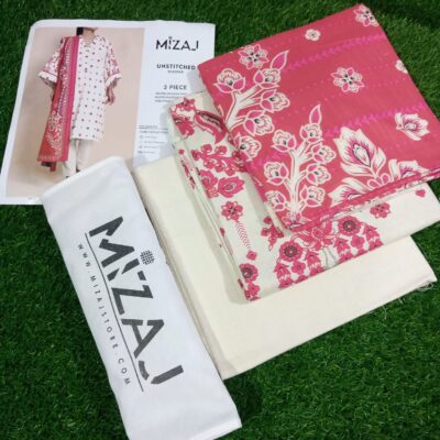 Pink and White Mizaj 3 Piece Khaddar suit with Wool Shawl