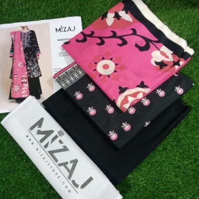 Black and Pink Mizaj 3 Piece Khaddar Suit with Wool Shawl