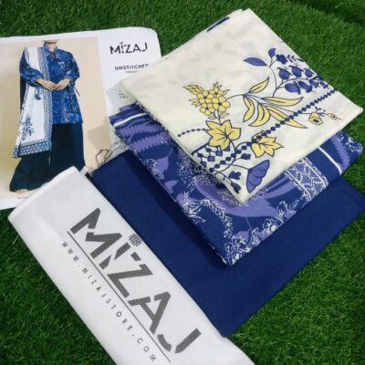 Dark Blue and White Mizaj 3 Piece Suit Khaddar with Wool Shawl