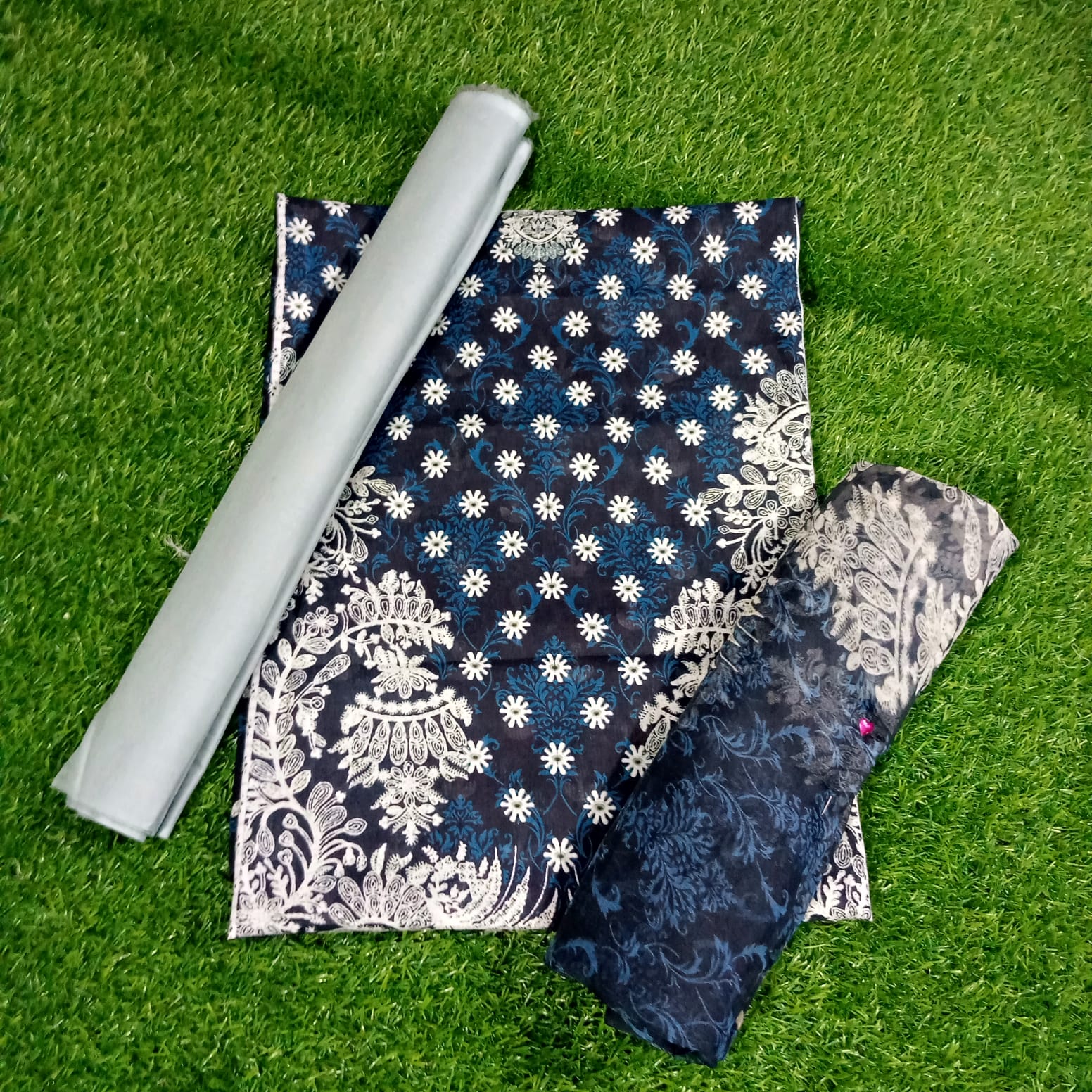 Printed Lawn Dark Blue Suit with Chiffon Dupatta