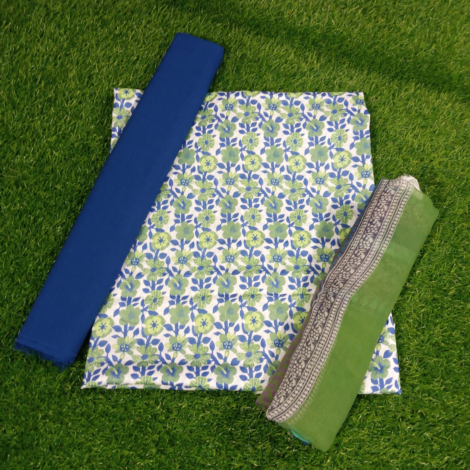 Printed Lawn White&Green and Blue Suit with Chiffon Dupatta