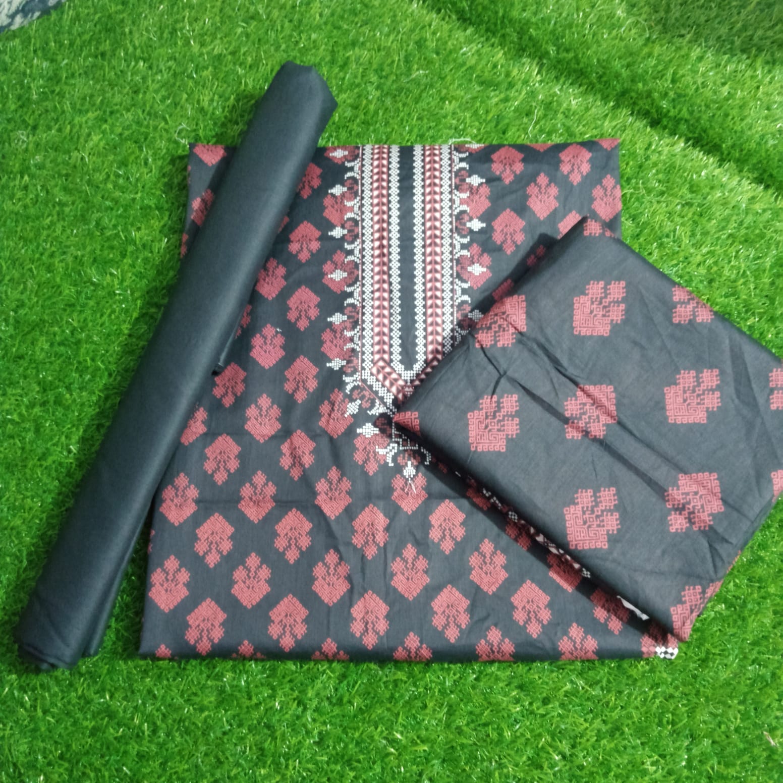 Printed Lawn Black & Red Suit with Lawn Dupatta