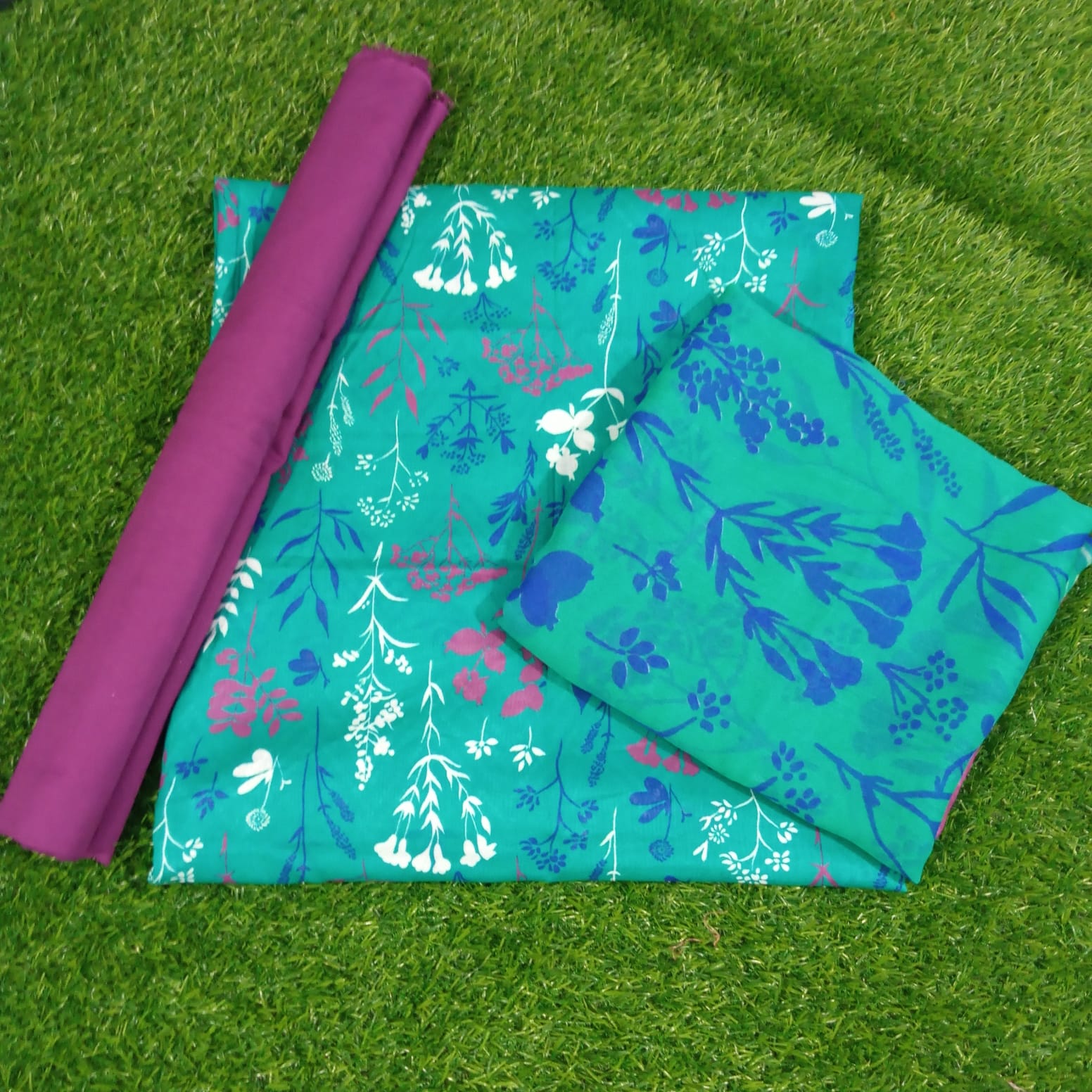 Printed Lawn Sea Green & Purple Suit with Lawn Dupatta