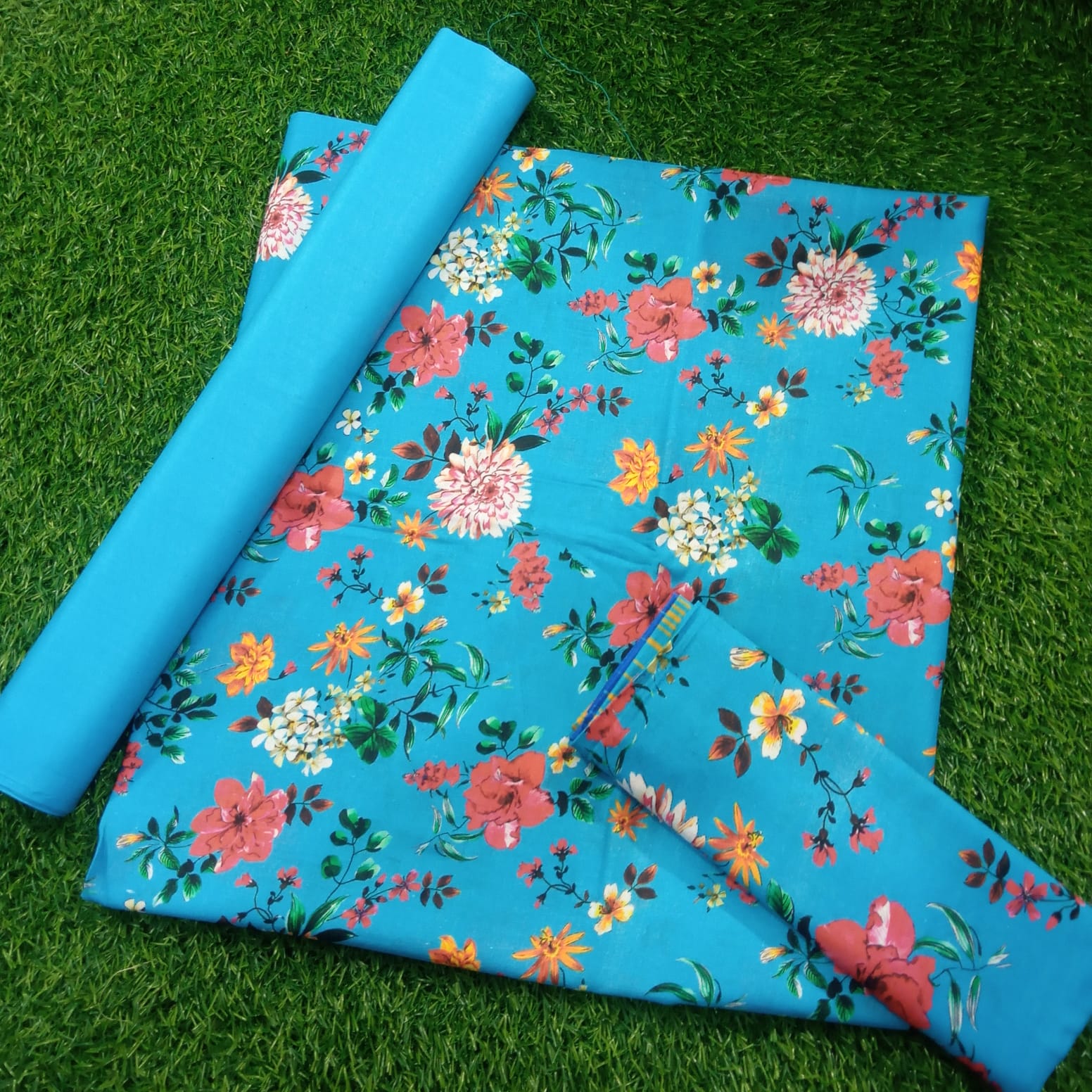 Laiba Abiha Sky Blue With Colourful Flowers