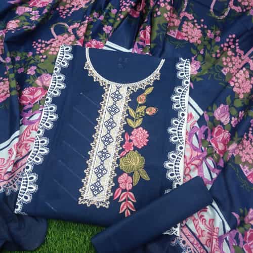 Blue with Pink Flowers Bin Saeed 3 Piece Fully Embroidery