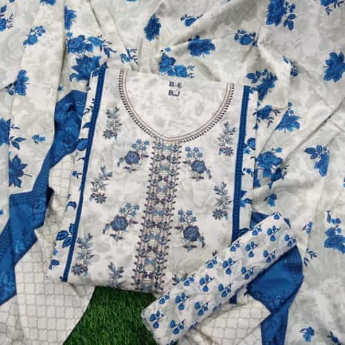 Greys with Blue Flower Bin Saeed 3 Piece Fully Embroidery