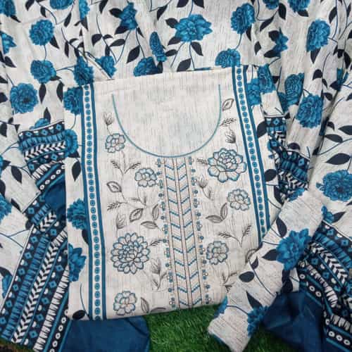 White with Blue Flowers Bin Saeed 3 Piece Fully Embroidery